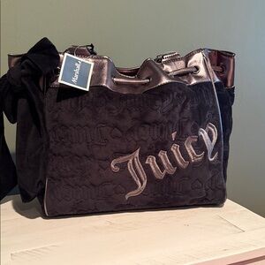 Juicy Couture Day dreamer Black Velvet Drawstring Tote with Metallic Trim